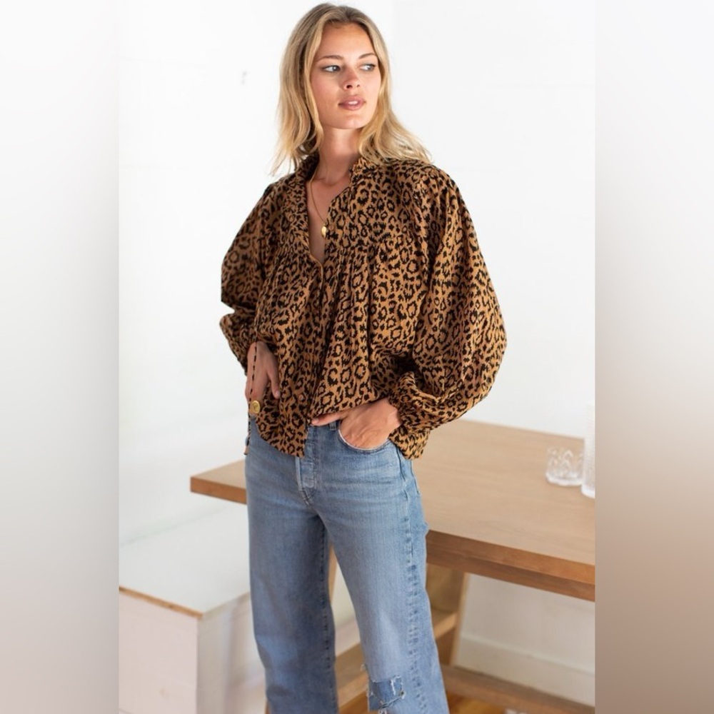 Emerson Fry India Collection Emmaline Leopard Long Sleeve Blouse Top XS NWT NEW